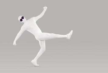 Fototapeta na wymiar Full length portrait of a funny, happy man in a white, faceless, skintight, spandex bodysuit costume disguise and black, round sunglasses walking or dancing isolated on a grey color background