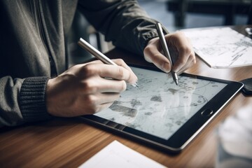 Naklejka premium freelancer sketching concepts for new product range, with tablet and pens nearby, created with generative ai