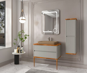 A modern bathroom design with shower cabin and bathroom cabinet. 3D Render illustration