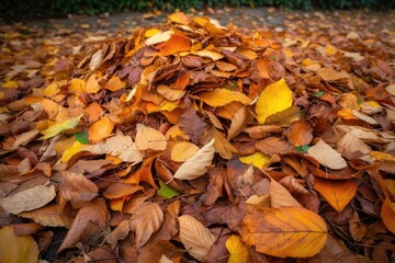 a pile of fallen leaves in an orange and yellow mix, created with generative ai