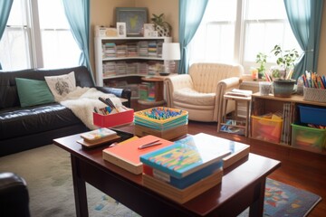 cozy living room with books, puzzles, and art supplies for homeschooling, created with generative ai
