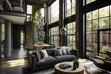 luxurious industrial home with sleek furnishings, oversized windows, and modern decor, created with generative ai