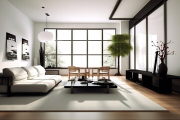 modern japanese style interior with sleek furniture and minimalist design elements, created with generative ai