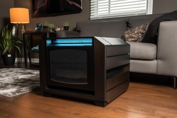 air purifier that is built into entertainment center, providing clean air to the room while also serving as a source of comfort and serenity, created with generative ai