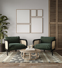 Australian minimalism concept style of livingroom with brown floor and wicker armchair. Mockup empty wall. Creative large carpet and furniture. 3d rendering. High quality 3d illustration
