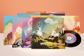 set of colorful album covers floating amidst fantasy landscape, with unicorns and fairies, created with generative ai