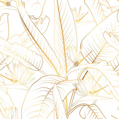 Floral spring seamless pattern. Strelitzia reginea bloom blossom leaves. Gold shiny outline on white background. Vector illustration for fashion, textile, fabric, decoration.