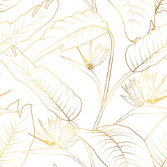 Gold tropical background with strelitzia leaves and flowers on white background. Flower paradise seamless pattern. - 607414776