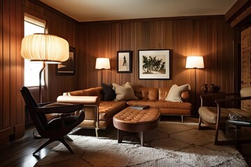 Fototapeta premium warm and inviting living room with wood-paneled walls, plush seating, and floor lamp, created with generative ai