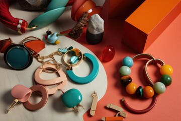 a selection of colorful, statement-making accessories and jewelry, created with generative ai