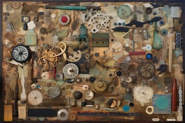 collage of found objects, pieced together to create one-of-a-kind work, created with generative ai