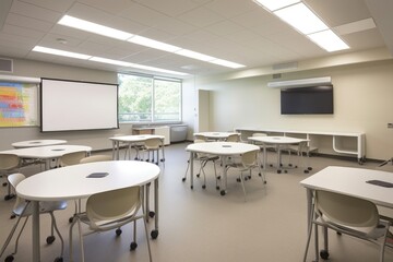 modern classroom with sleek furniture and interactive whiteboard for modern learning experience, created with generative ai