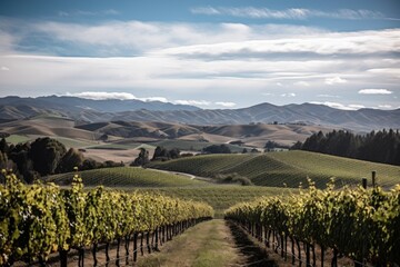 vineyard with rolling hills and distant mountain ranges in the background, created with generative ai