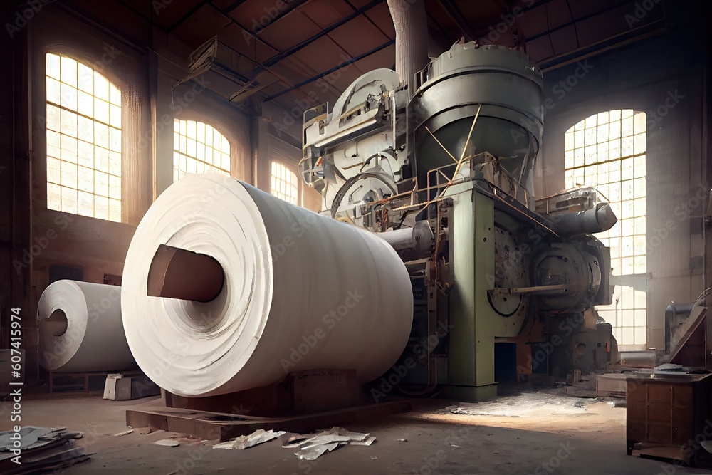 Wall mural pulp and paper factory, with huge machines churning out rolls of paper, created with generative ai