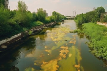 waterway with dangerously high levels of pollutants and chemicals, threatening the aquatic ecosystem, created with generative ai
