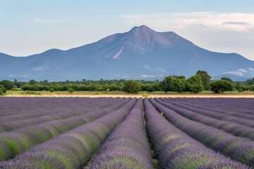 lavender field with mountain range in the background, created with generative ai