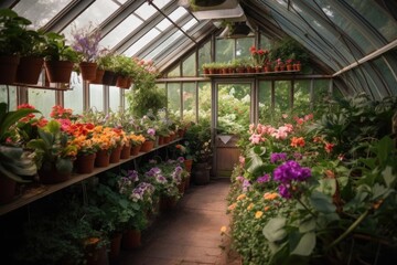 Fototapeta na wymiar greenhouse filled with lush blooms and foliage, created with generative ai