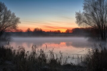 sunrise, with mist rising from the lake and trees, created with generative ai