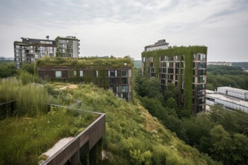 Fototapeta na wymiar green rooftops filled with greenery, bringing nature up high, created with generative ai