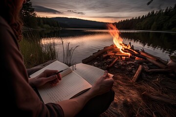person, writing in journal, with view of tranquil lake and campfire burning in the background, created with generative ai
