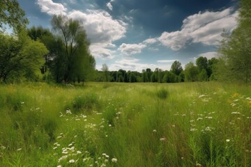 peaceful meadow with birdsong and gentle breeze, created with generative ai