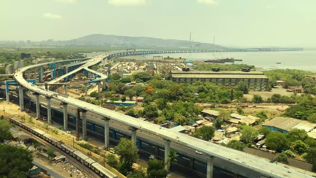 Mumbai skyline Aerial view day time. longest bridge in ocean. shot in 4k