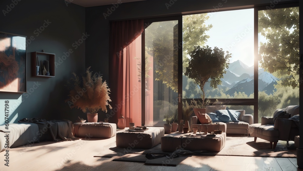 Wall mural 3d render of a minimalistic black studio with bright lighting and reflections. generative ai