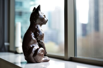chocolate cat sculpture sitting on windowsill, with view of the outside world, created with generative ai