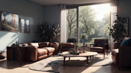 3d Rendering Of A Minimalist Mid-Century Living Room With A Leather Armchair And Table Against A White Wall And Wood Floor. Generative AI
