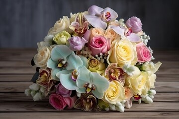 pastel bouquet with mix of roses and orchids on wooden table, created with generative ai
