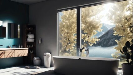 Fototapeta na wymiar A Modern Bathroom With A White Vanity. Black Fixtures. Large Shower. And Freestanding Tub. Generative AI