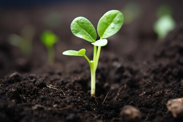 closeup shot of a seedling growing out of compost in soil, created with generative ai