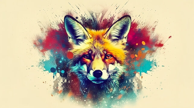 Red fox face vector illustration in abstract mixed grunge colors digital painting in minimal graphic art style. Digital illustration generative AI.