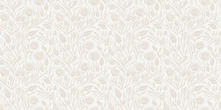 Subtle rustic elegance wedding floral block print linen seamless border. Banner print of white on white tonal cotton effect flower ribbon.