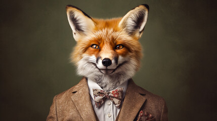 Portrait of a stylish fox wearing a suit and a bow tie, generative AI illustration