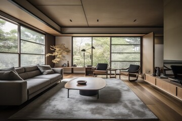 Fototapeta na wymiar refined japanese interior with minimalist decor, delicate details and luxurious materials, created with generative ai