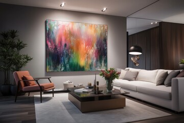 minimalist living room with colorful lighting and abstract artwork, created with generative ai