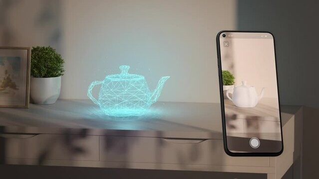 White kettle hologram stand on table phone display augmented reality