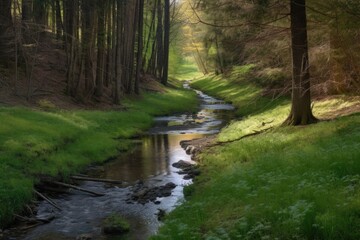 Fototapeta na wymiar pristine stream running through forest, with runoff from nearby farm visible, created with generative ai