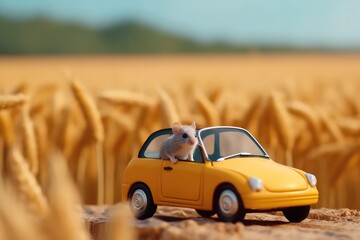 Fototapeta na wymiar A mouse on a small yellow car drives through a wheat field. Generative AI