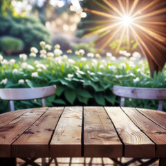 Selective focus, Wood table top on soft focus green garden with flower background. For montage product display. generative ai. - 607418944
