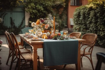 tasteful al fresco dining with stylish tables, chairs and floral centerpiece, created with generative ai