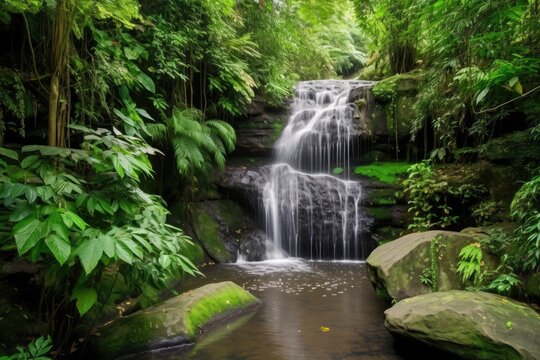cascading waterfall surrounded by lush greenery, created with generative ai