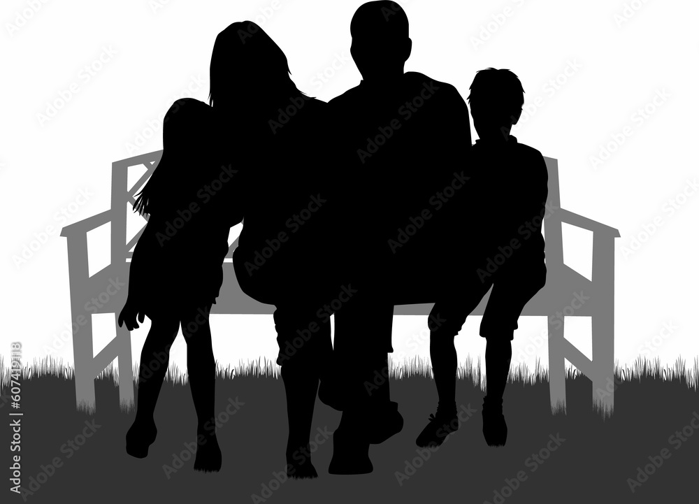 Canvas Prints Black silhouettes of a family sitting on a bench.	