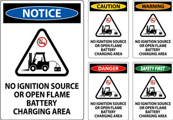 Warning Sign No Ignition Source Or Open Flame, Battery Charging Area