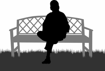 Black silhouette of man sitting on a bench	