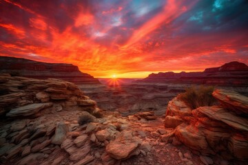 Fototapeta na wymiar grand canyon with fiery sunset, featuring colorful and dramatic sky, created with generative ai