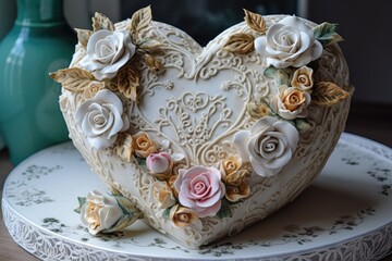 wedding cake in the shape of a heart, with intricate details and delicate sugar roses, created with generative ai