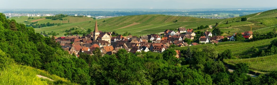 Le village Niedermorschwihr : un tr&eacute;sor cach&eacute; de l'Alsace, son &eacute;glise pittoresque au clocher vrill&eacute;, CeA, Alsace, Grand Est, France