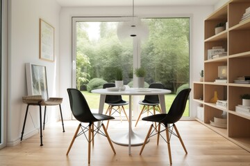 clutter-free dining room, with simple table and chairs, and view of garden or park, created with generative ai